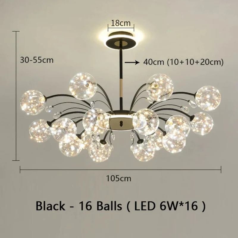 Lustre Boule en Verre Noir ou Doré – 6 à 16 LED, Pièce Maîtresse