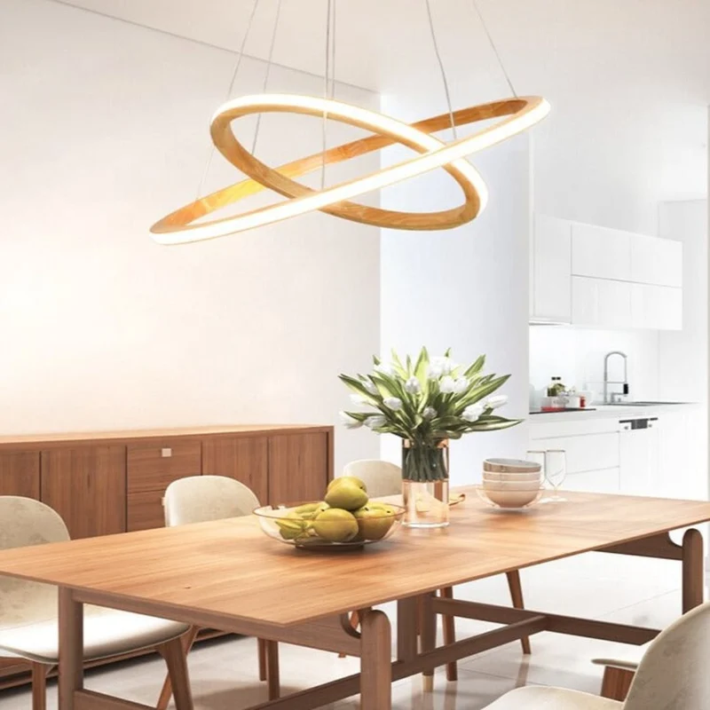 Lustre en Bois à Anneaux LED – Effet Gravitationnel, 2 ou 3 Cercles