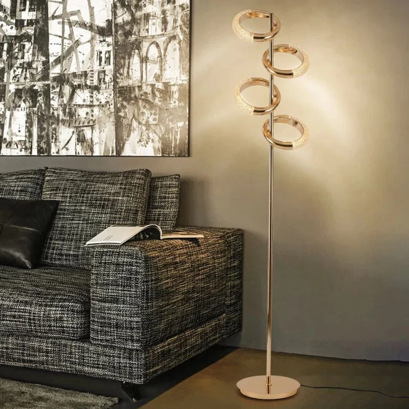 Lampadaire Salon Doré à Anneaux de Verre – 2 Formats, Ambiance Douce