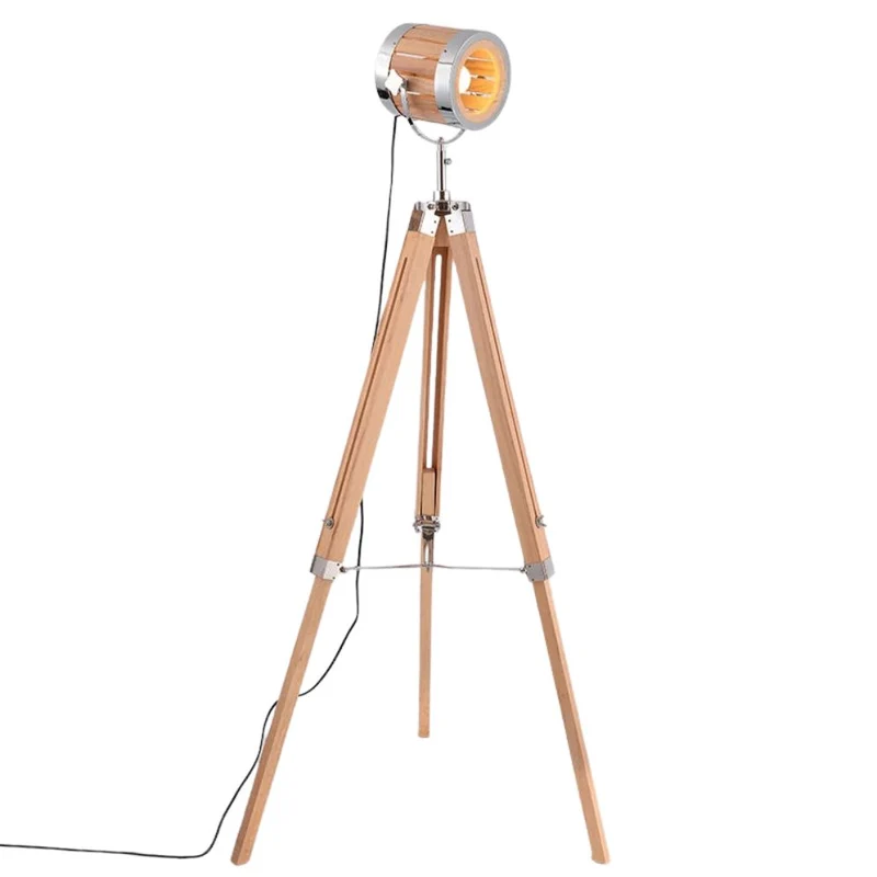 Lampadaire Style Industriel en Bois – Trépied Vintage, Air Hollywood