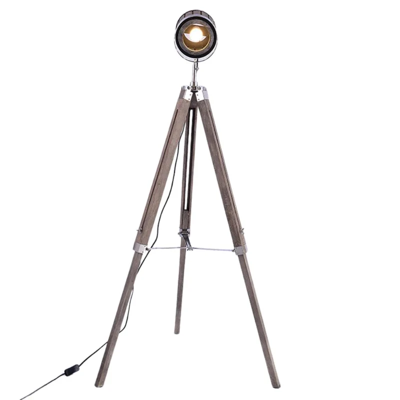 Lampadaire Style Industriel en Bois – Trépied Vintage, Air Hollywood