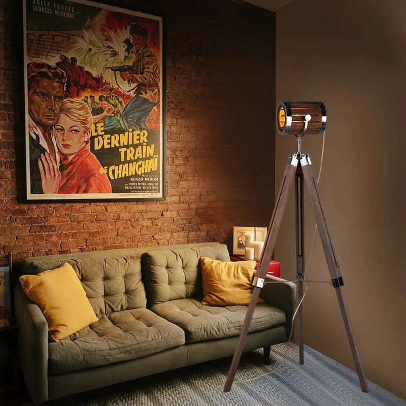 Lampadaire Style Industriel en Bois – Trépied Vintage, Air Hollywood