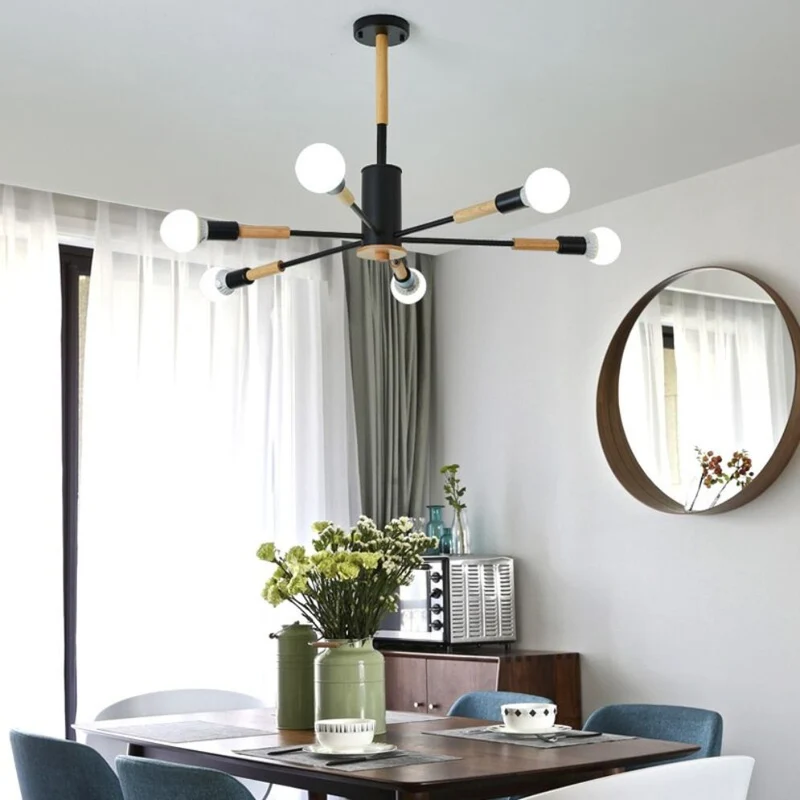 Lustre Séjour Bois et Métal Noir – Sphères LED, 6 à 10 Lumières