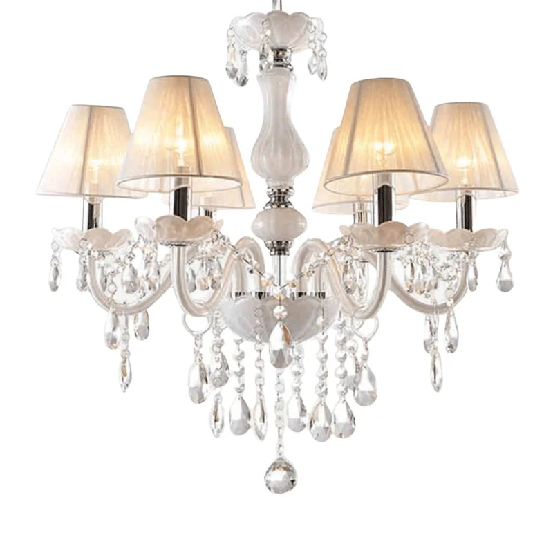 Lustre Pampilles Cristal et Tissu Blanc – Élégance Royale Intemporelle