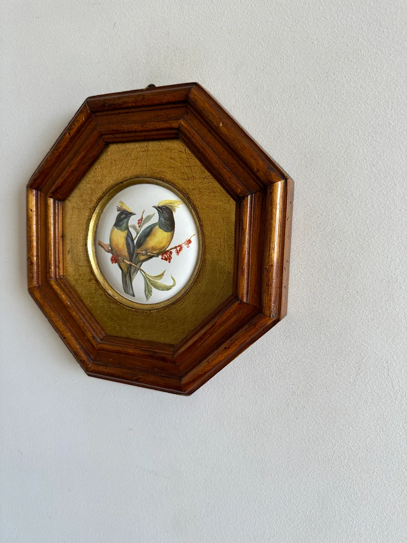Oiseaux sur porcelaine dans cadre octogonal bordure dorée