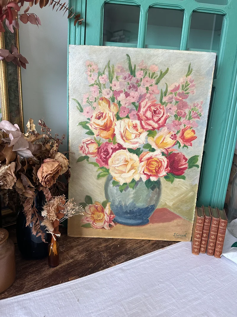 Peinture sur planche fleurs fond vert XL