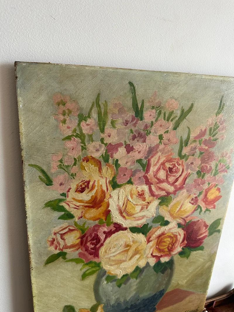 Peinture sur planche fleurs fond vert XL