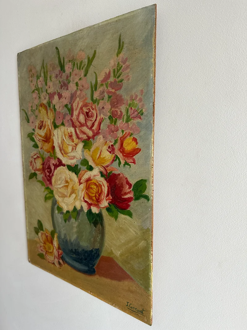 Peinture sur planche fleurs fond vert XL