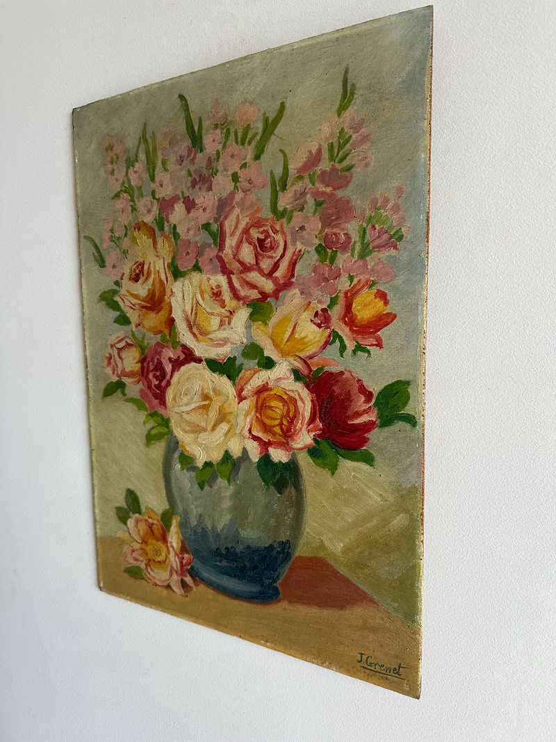 Peinture sur planche fleurs fond vert XL