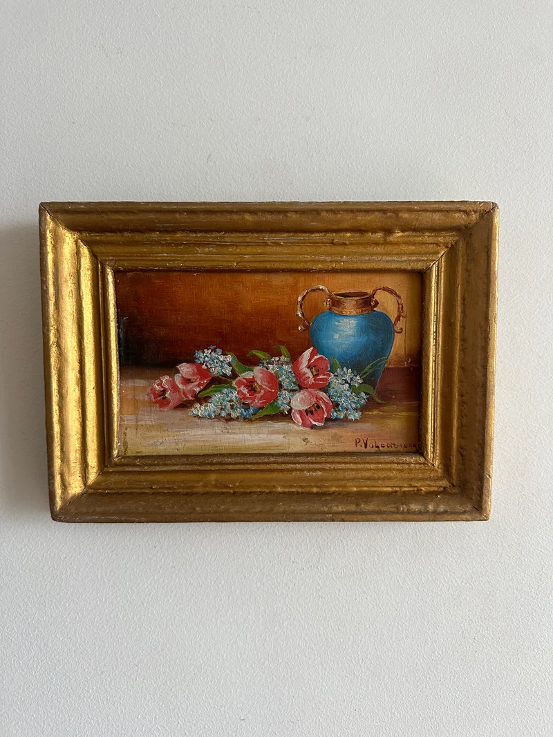Peinture signée Voldchenko nature morte vase bleu