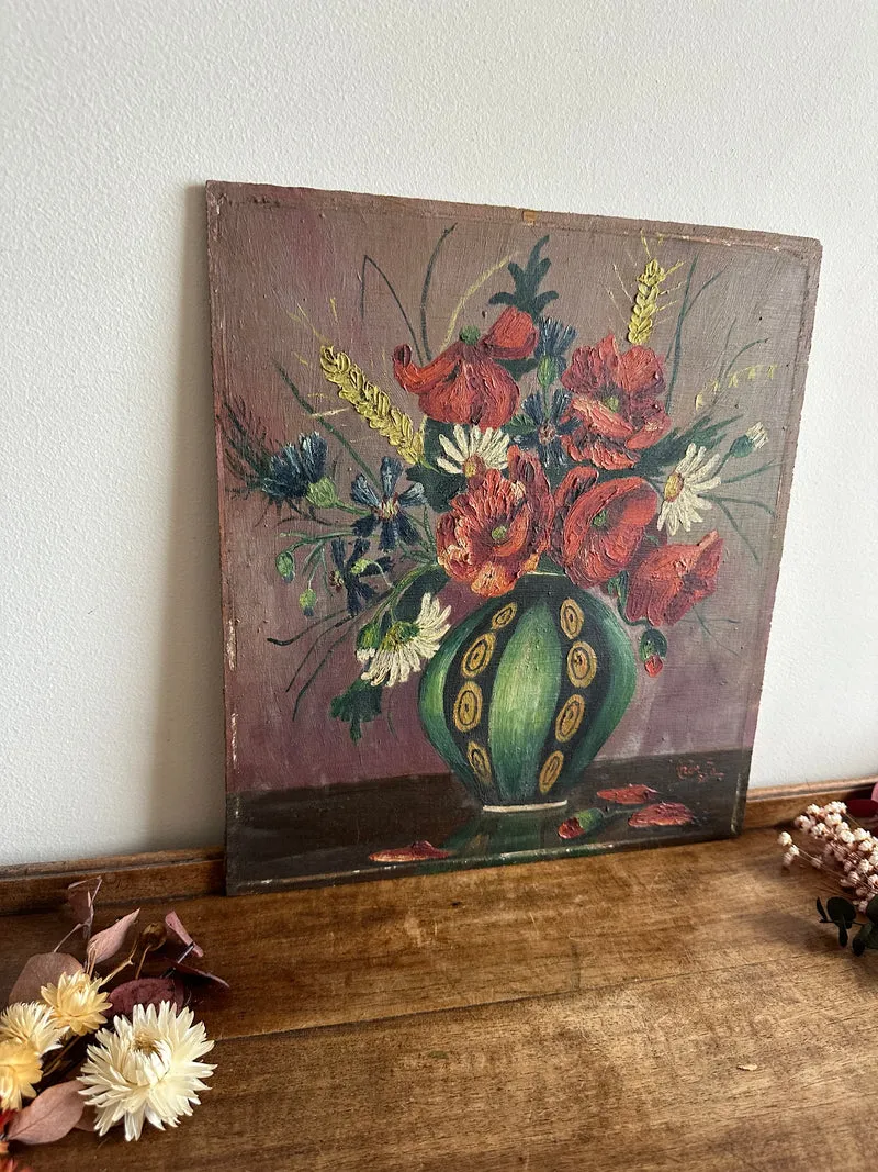 Peinture bouquet de fleurs sur bois signée année 1936