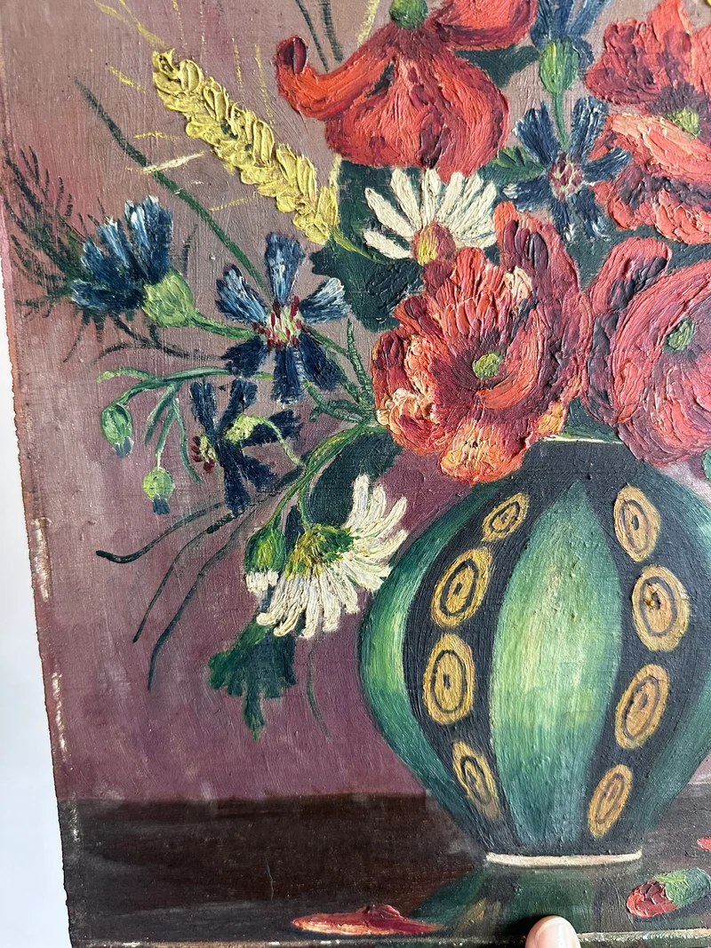 Peinture bouquet de fleurs sur bois signée année 1936