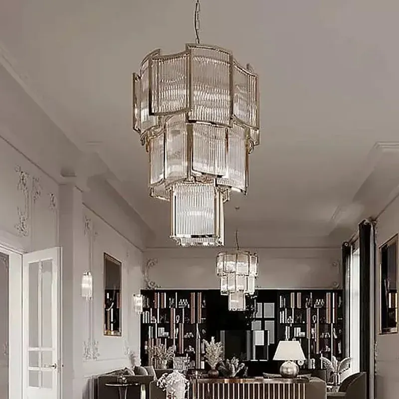 Grand Lustre Art Déco Moderne en Verre Dimmable