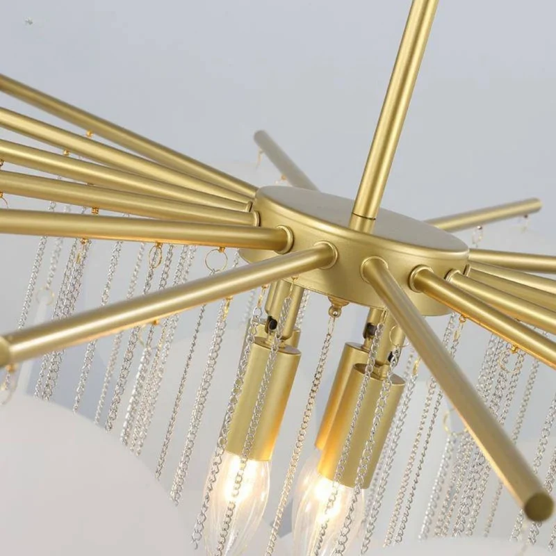 Lustre Boule Blanche Opaline à Branches Dorées – Ambiance Nuage Douce
