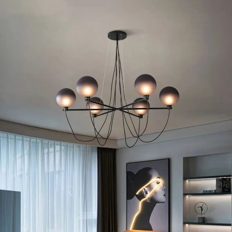 Lustre Fer Forgé et Verre Fumé – 120cm de Large, 6 Têtes LED