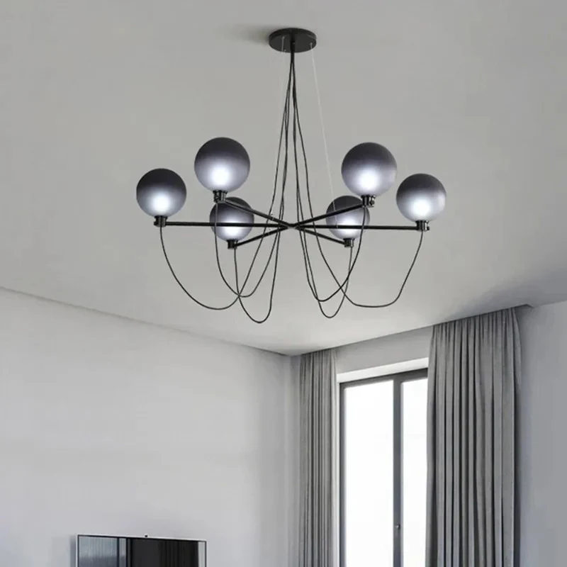Lustre Fer Forgé et Verre Fumé – 120cm de Large, 6 Têtes LED