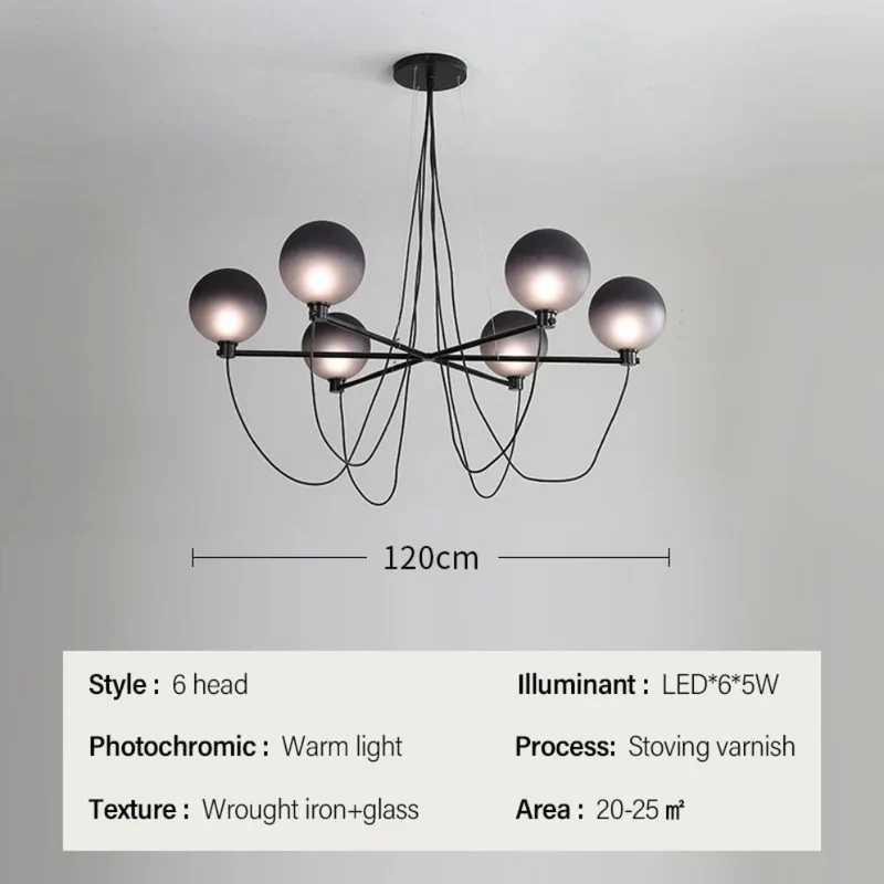 Lustre Fer Forgé et Verre Fumé – 120cm de Large, 6 Têtes LED