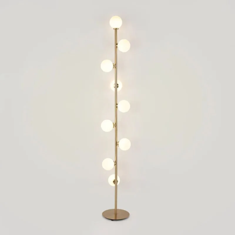Lampadaire Or à Cascade de Sphères – Verre Dépoli, 9 Boules Lumineuses