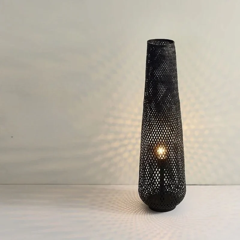 Lampadaire Noir et Bois en Bambou Tressé – 3 Couleurs, Ambiance Cocon