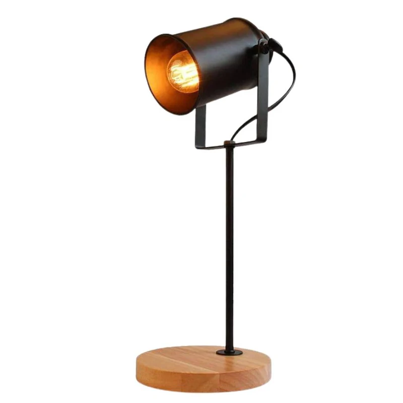 Lampe de Bureau ou Chevet avec Pied en Bois et Lampe en Métal
