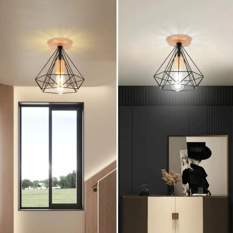 Plafonnier Diamant en Métal Coloré – 3 Variantes, Base Bois Naturel