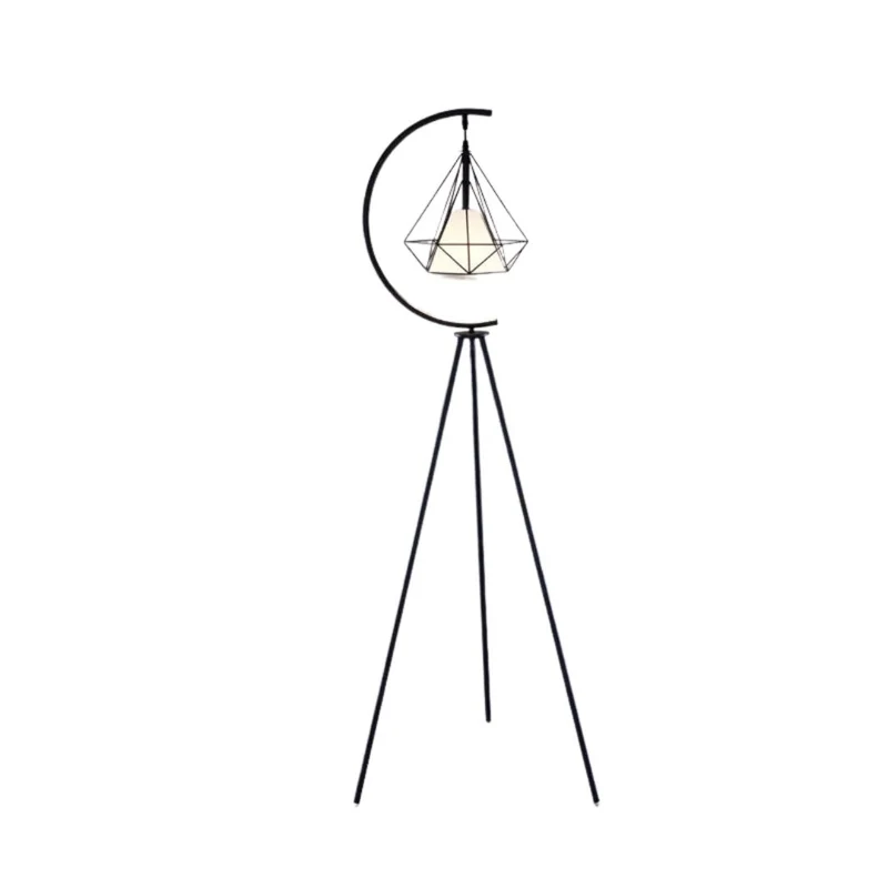Lampadaire Noir et Or à Cage Suspendue – Pied Triangle, Chevet Idéal