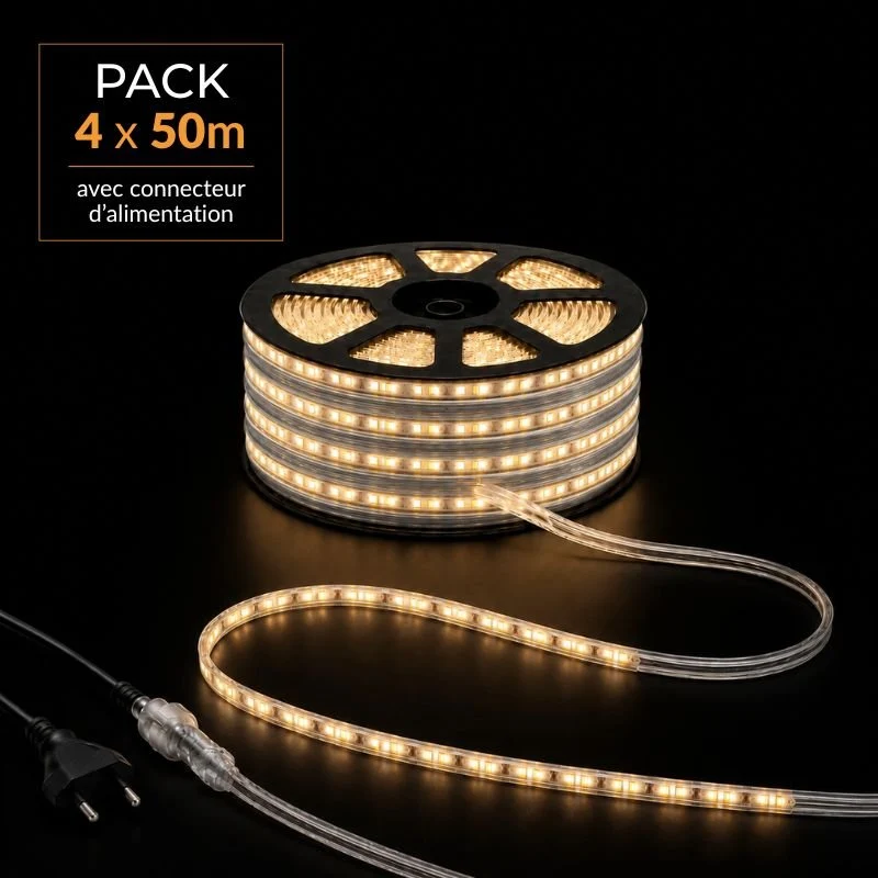 Ruban LED Tunnel 200M 2835 220V AC 9W/m IP65 120 LED/m (4 rubans 50M raccordable + alimentation)