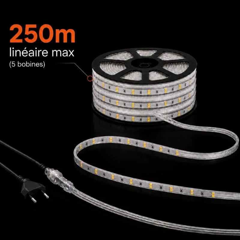 Ruban LED Tunnel 150M 2835 220V AC 9W/m IP65 120 LED/m (3 rubans 50M raccordable + alimentation)