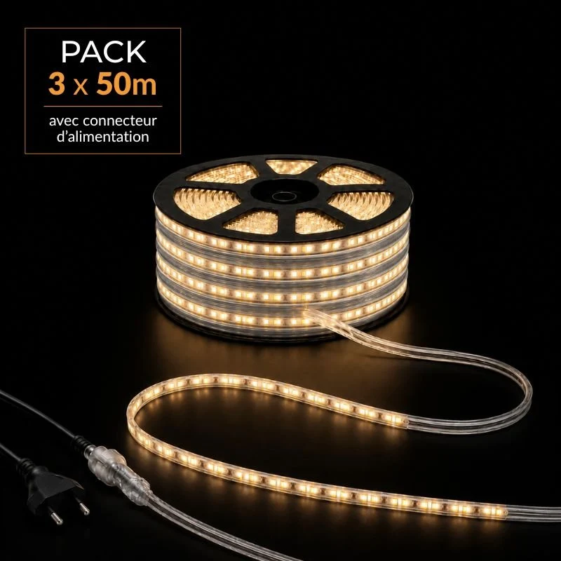 Ruban LED Tunnel 150M 2835 220V AC 9W/m IP65 120 LED/m (3 rubans 50M raccordable + alimentation)