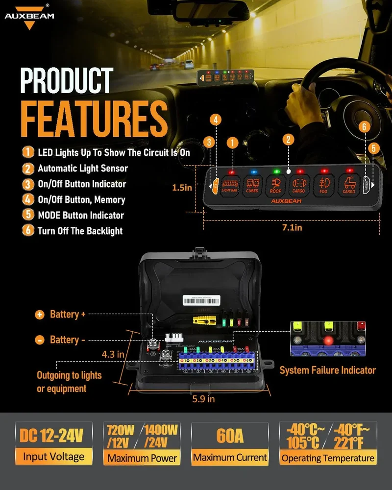 Panneau de commande Auxbeam 6 voies / Slimline