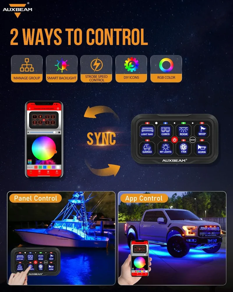 Panneau de commande Auxbeam à 8 voies avec application mobile