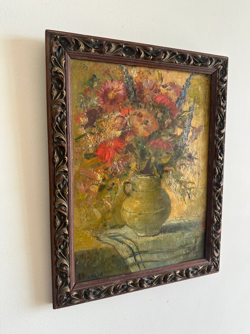 Peinture à l'huile signée Merlin bouquet de fleurs années 1940