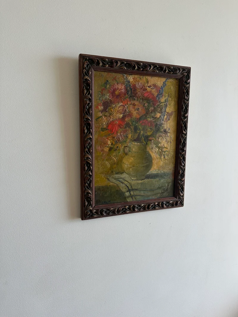 Peinture à l'huile signée Merlin bouquet de fleurs années 1940