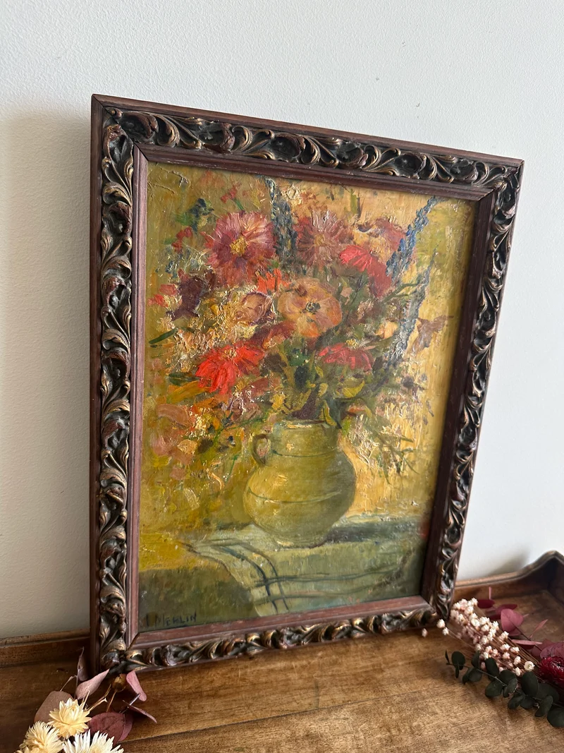 Peinture à l'huile signée Merlin bouquet de fleurs années 1940