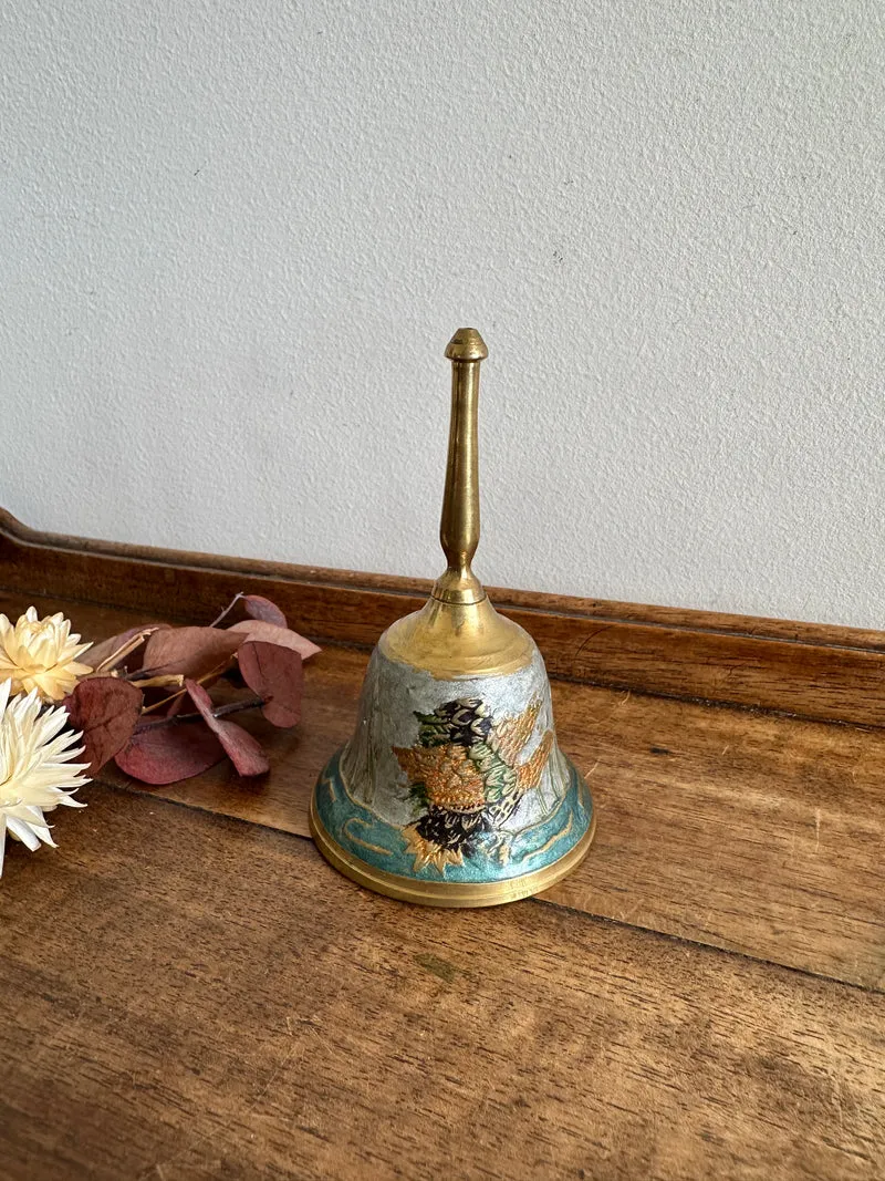 Cloche en laiton émaillé bleu et or canards