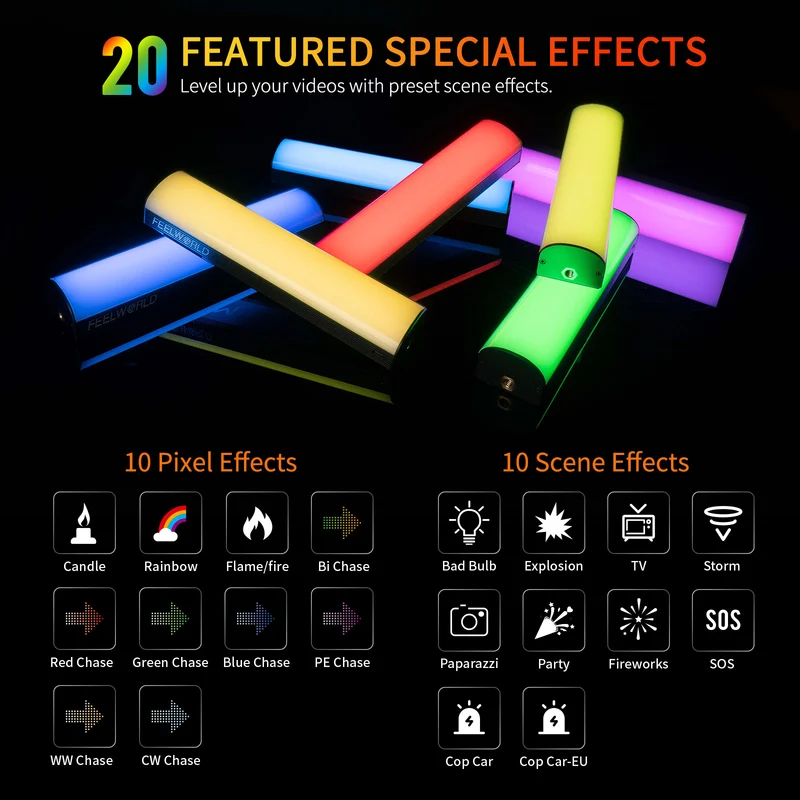 Baguette lumineuse portative FEELWORLD MT2, lampe vidéo LED RVB 360° pour la photographie