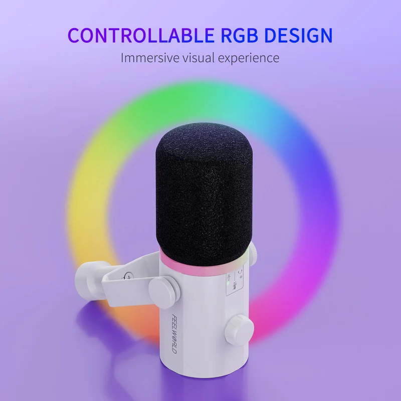Microphone dynamique USB XLR blanc FEELWORLD PM1 avec support de perche pour podcast