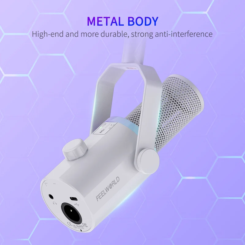 Microphone dynamique USB XLR blanc FEELWORLD PM1 avec support de perche pour podcast