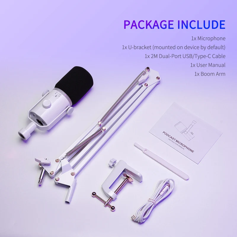 Microphone dynamique USB XLR blanc FEELWORLD PM1 avec support de perche pour podcast