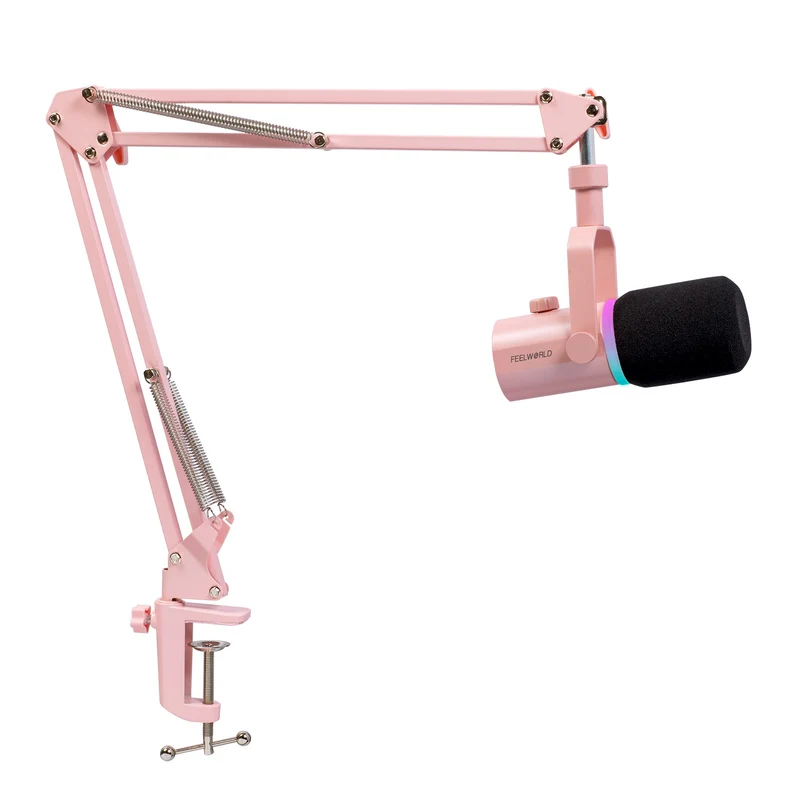 Microphone dynamique USB XLR blanc FEELWORLD PM1 avec support de perche pour podcast