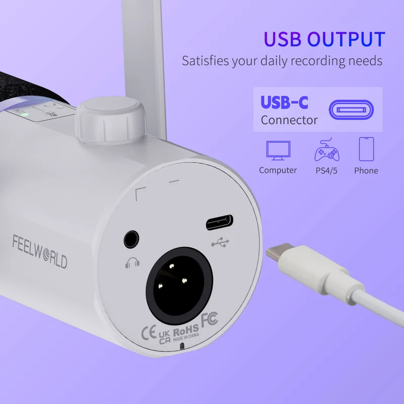Microphone dynamique USB XLR blanc FEELWORLD PM1 avec support de bureau pour podcast