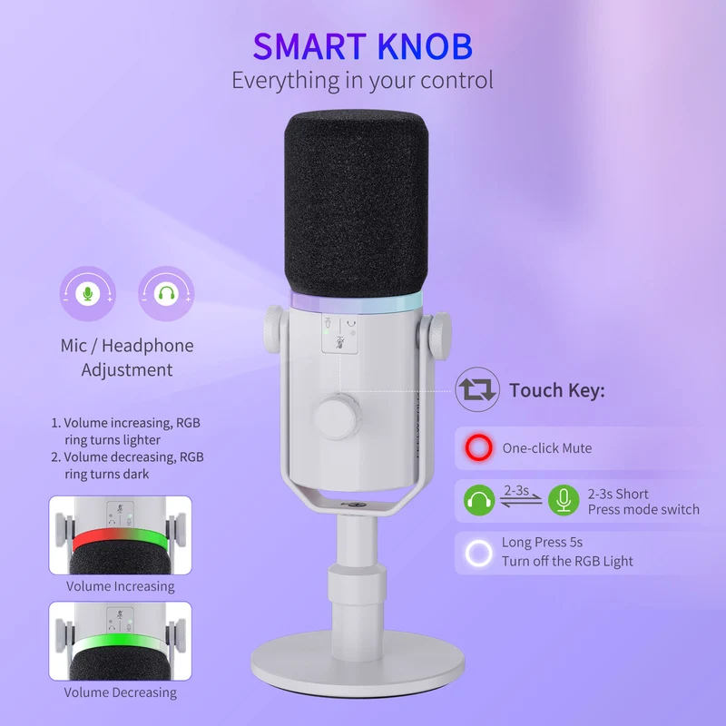Microphone dynamique USB XLR blanc FEELWORLD PM1 avec support de bureau pour podcast