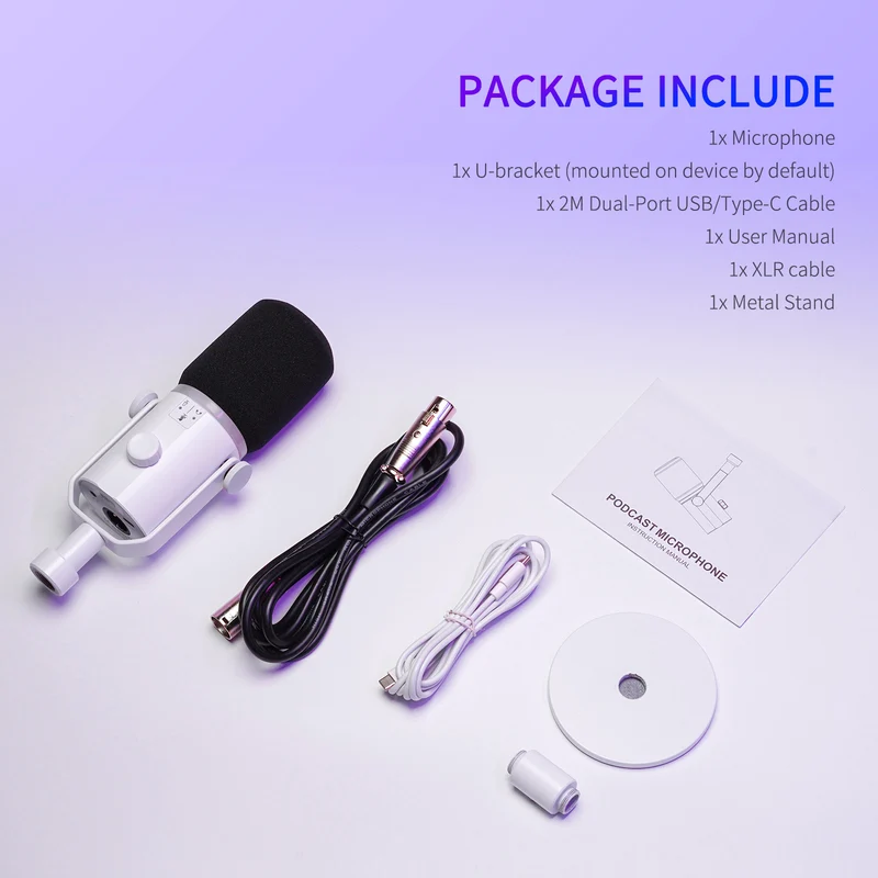 Microphone dynamique USB XLR blanc FEELWORLD PM1 avec support de bureau pour podcast