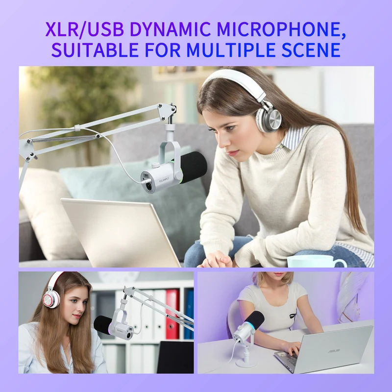 Microphone dynamique USB XLR blanc FEELWORLD PM1 avec support de bureau pour podcast