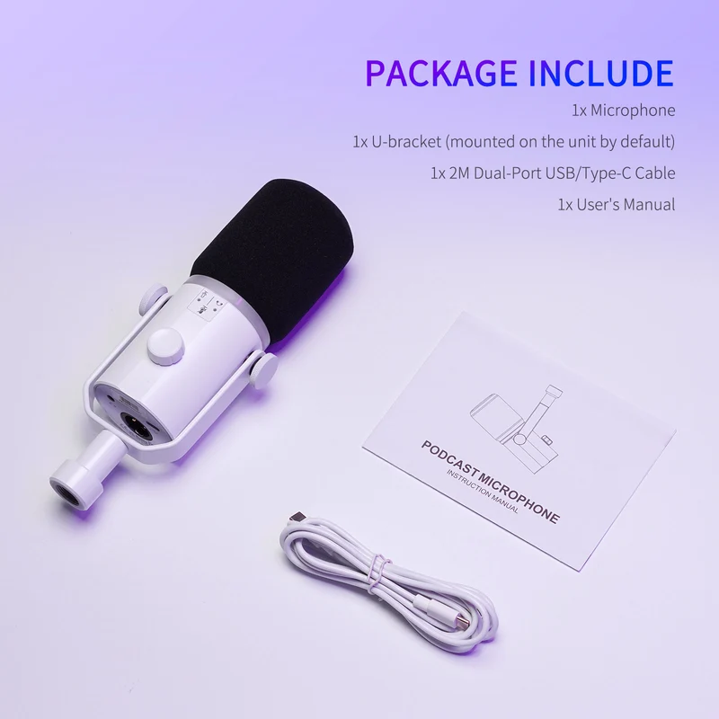 Microphone dynamique USB XLR blanc FEELWORLD PM1 pour podcasting, enregistrement, jeu, streaming en direct
