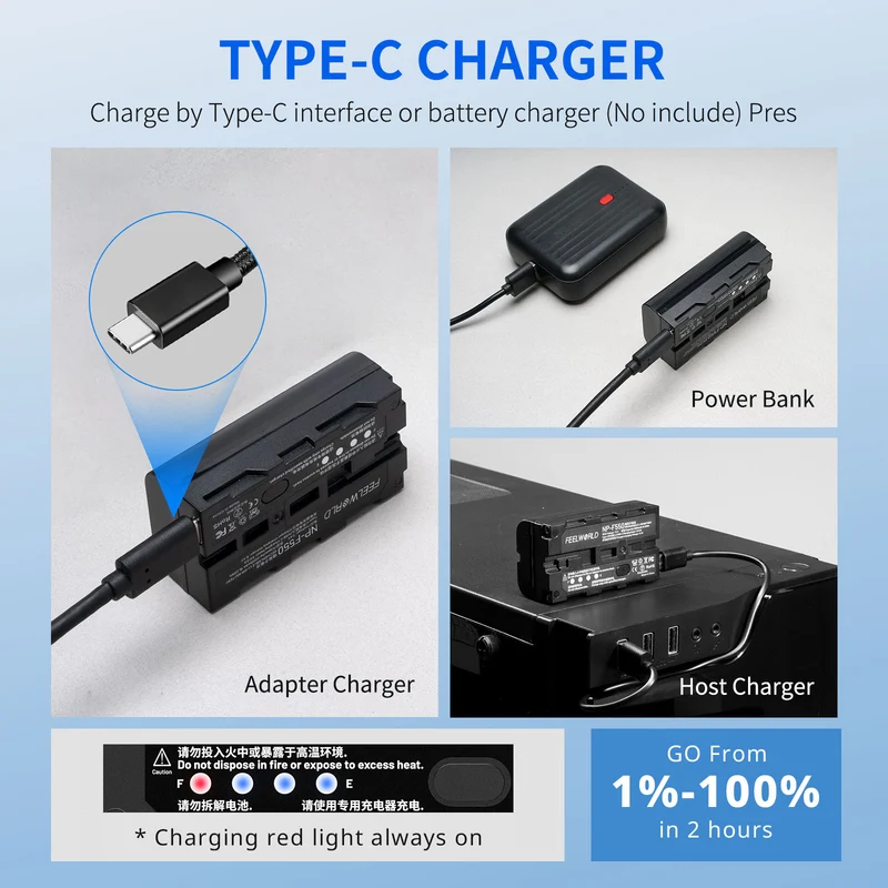 FEEWORLD NP-F550 2200mAh Li-ion batterie pour moniteur vidéo lumière Transmission vidéo USB-C charge