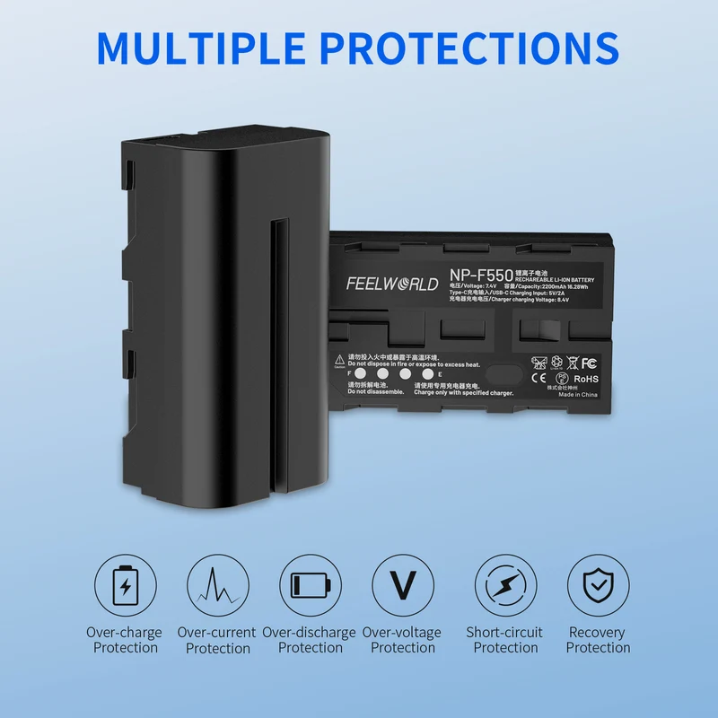 FEEWORLD NP-F550 2200mAh Li-ion batterie pour moniteur vidéo lumière Transmission vidéo USB-C charge