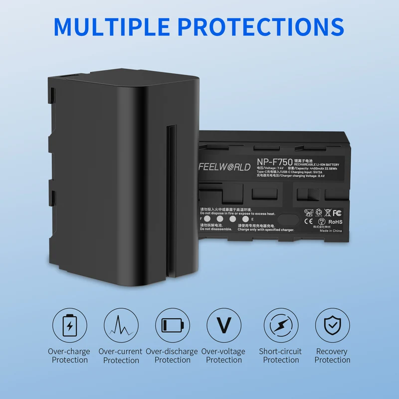 FEEWORLD NP-F750 4400mAh Li-ion batterie pour moniteur vidéo lumière Transmission vidéo USB-C charge