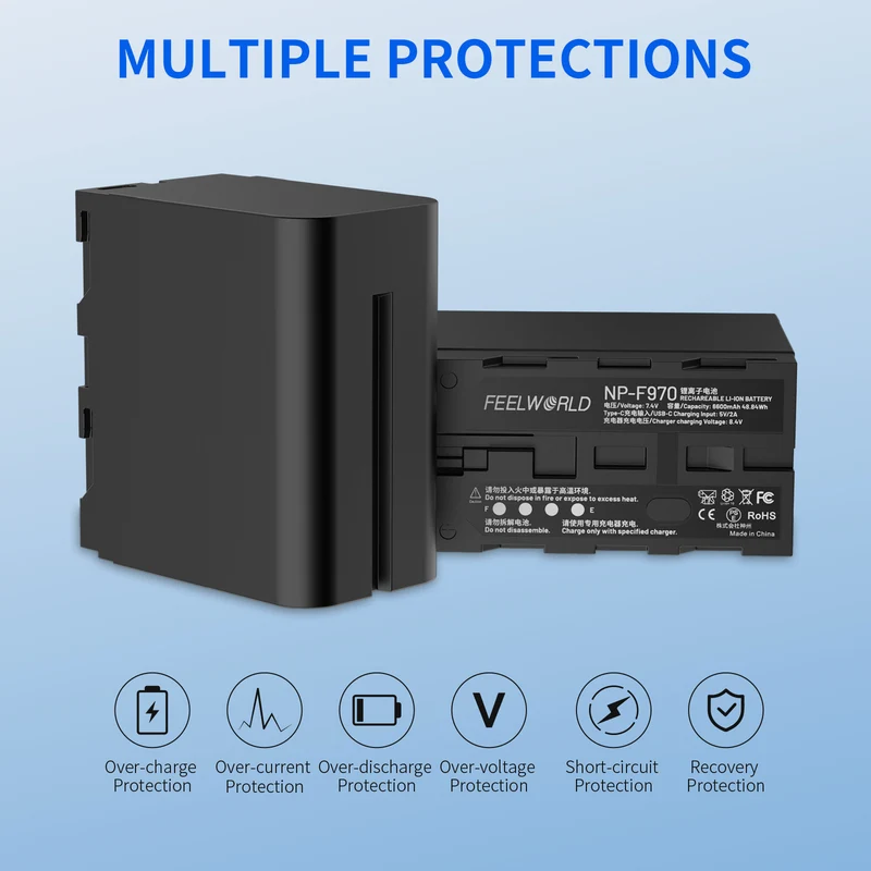 FEEWORLD NP-F970 6600mAh Li-ion batterie pour moniteur vidéo lumière Transmission vidéo USB-C charge