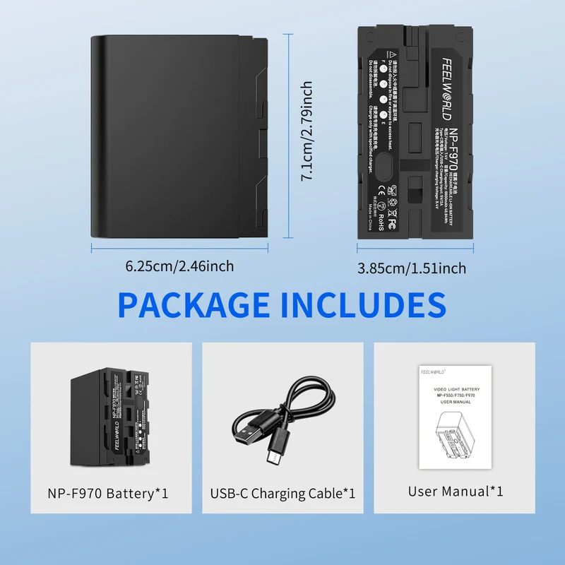 FEEWORLD NP-F970 6600mAh Li-ion batterie pour moniteur vidéo lumière Transmission vidéo USB-C charge